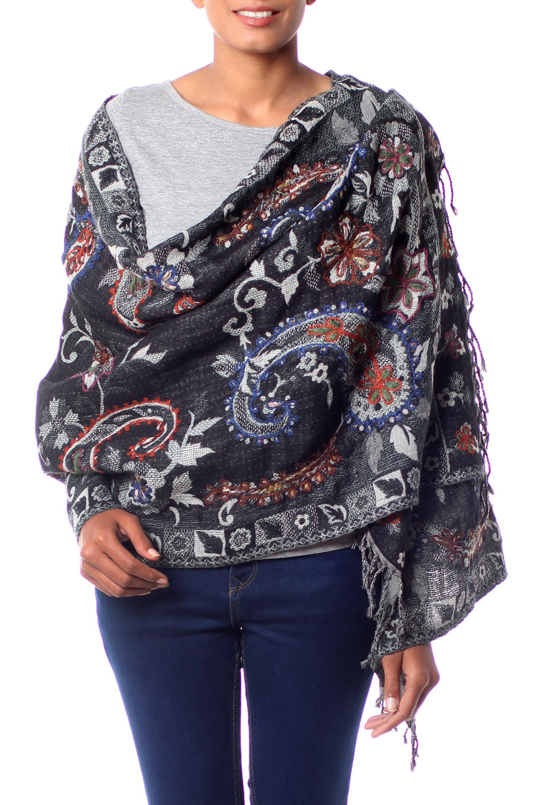Fair Trade Floral Wool Embroidered Wrap Shawl - Eventide