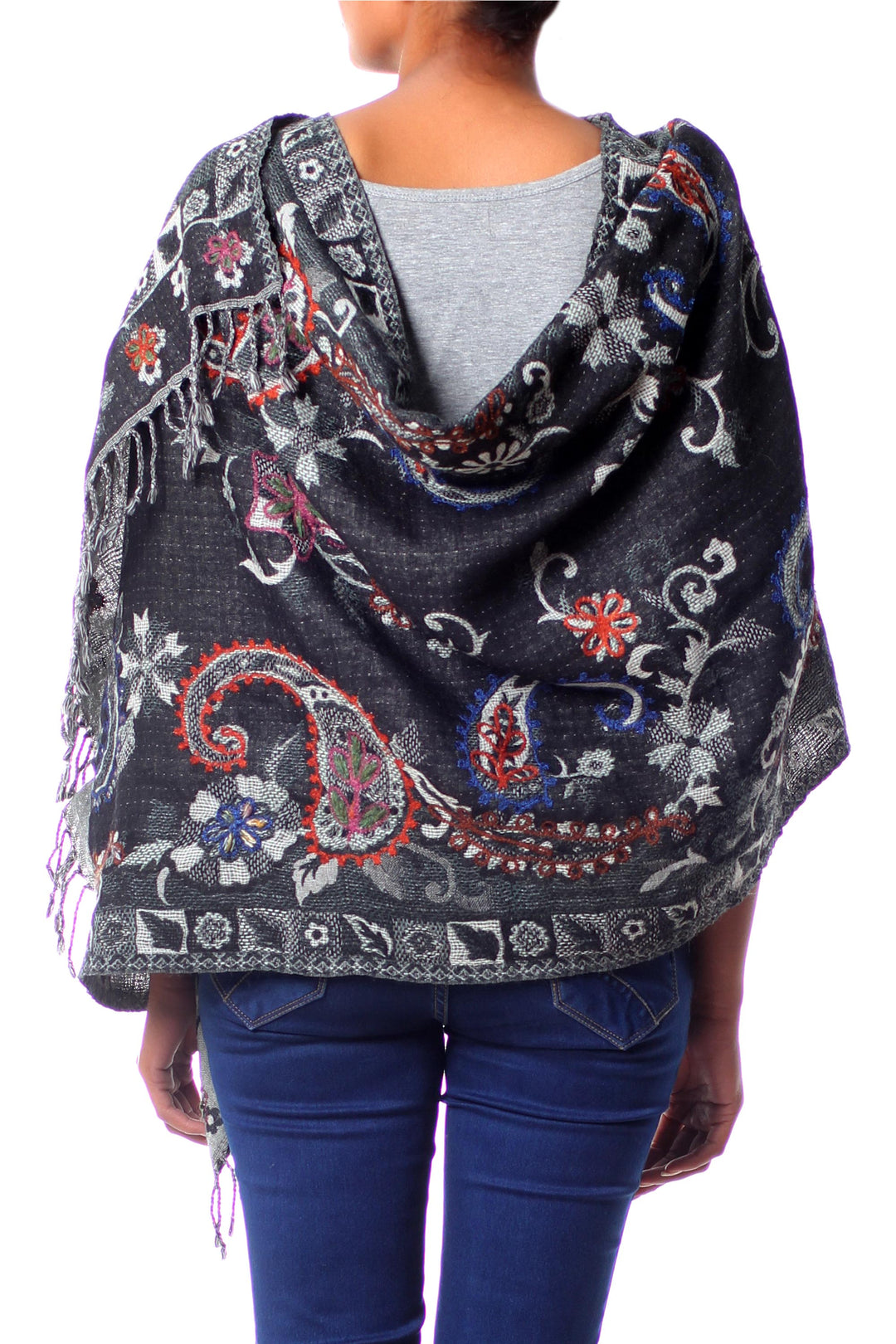 Fair Trade Floral Wool Embroidered Wrap Shawl - Eventide