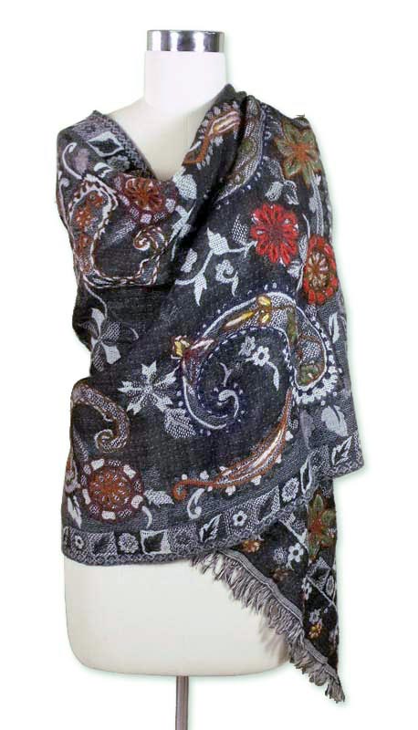 Fair Trade Floral Wool Embroidered Wrap Shawl - Eventide