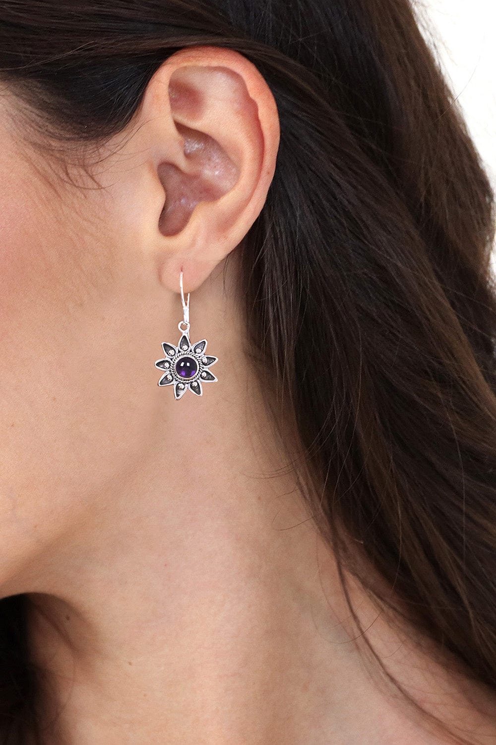 Floral Sterling Silver Amethyst Earrings  - Sunflowers