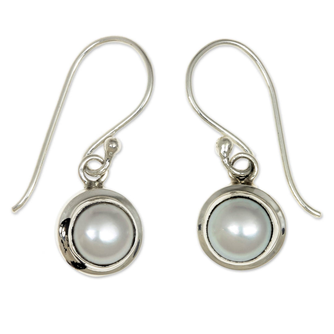 Sterling Silver and Pearl Dangle Earrings - White Full Moon