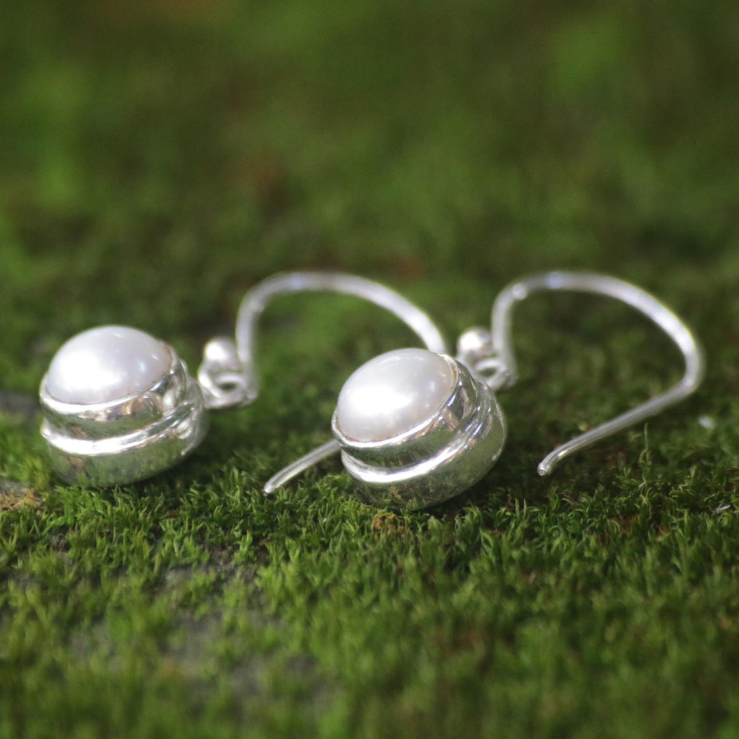 Sterling Silver and Pearl Dangle Earrings - White Full Moon