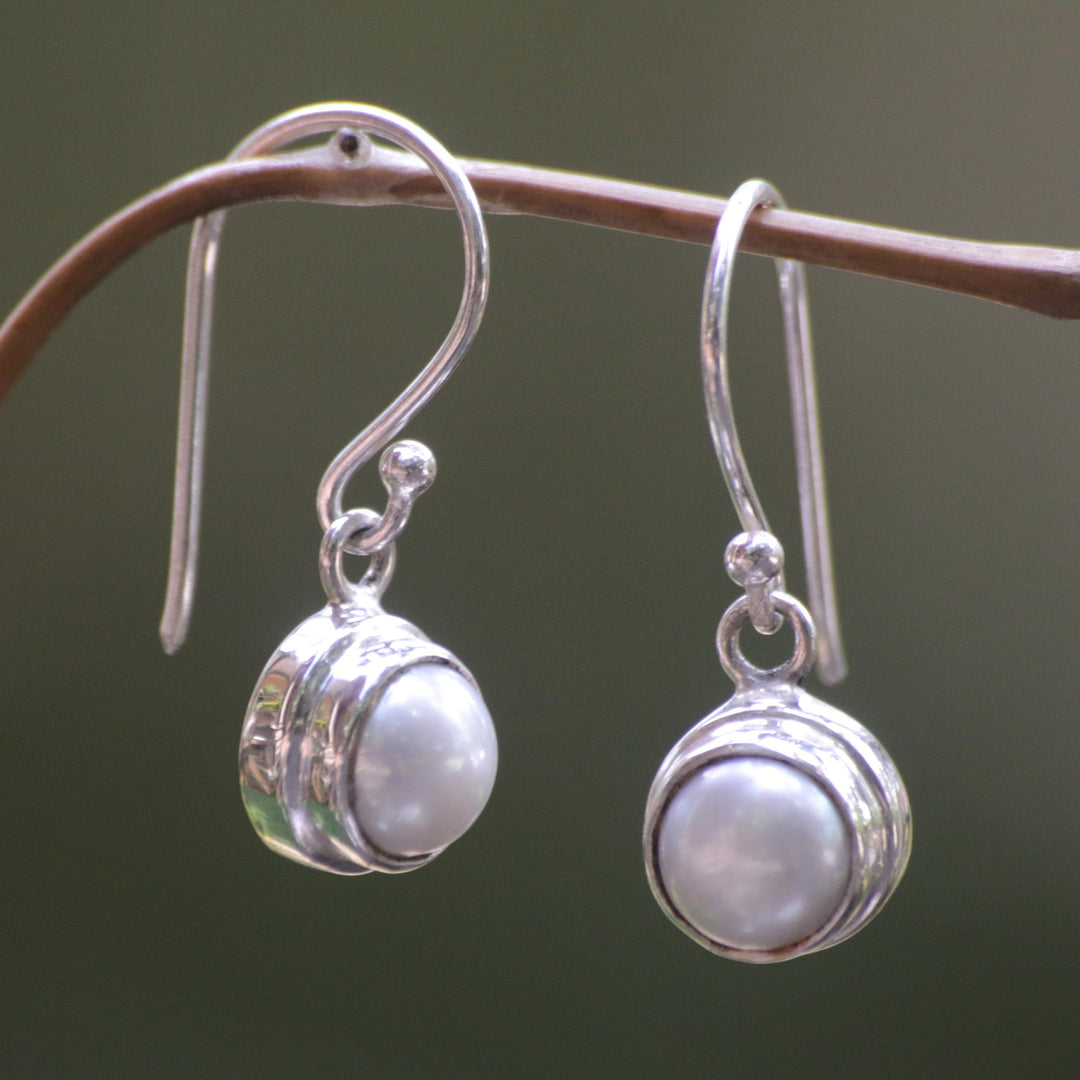 Sterling Silver and Pearl Dangle Earrings - White Full Moon