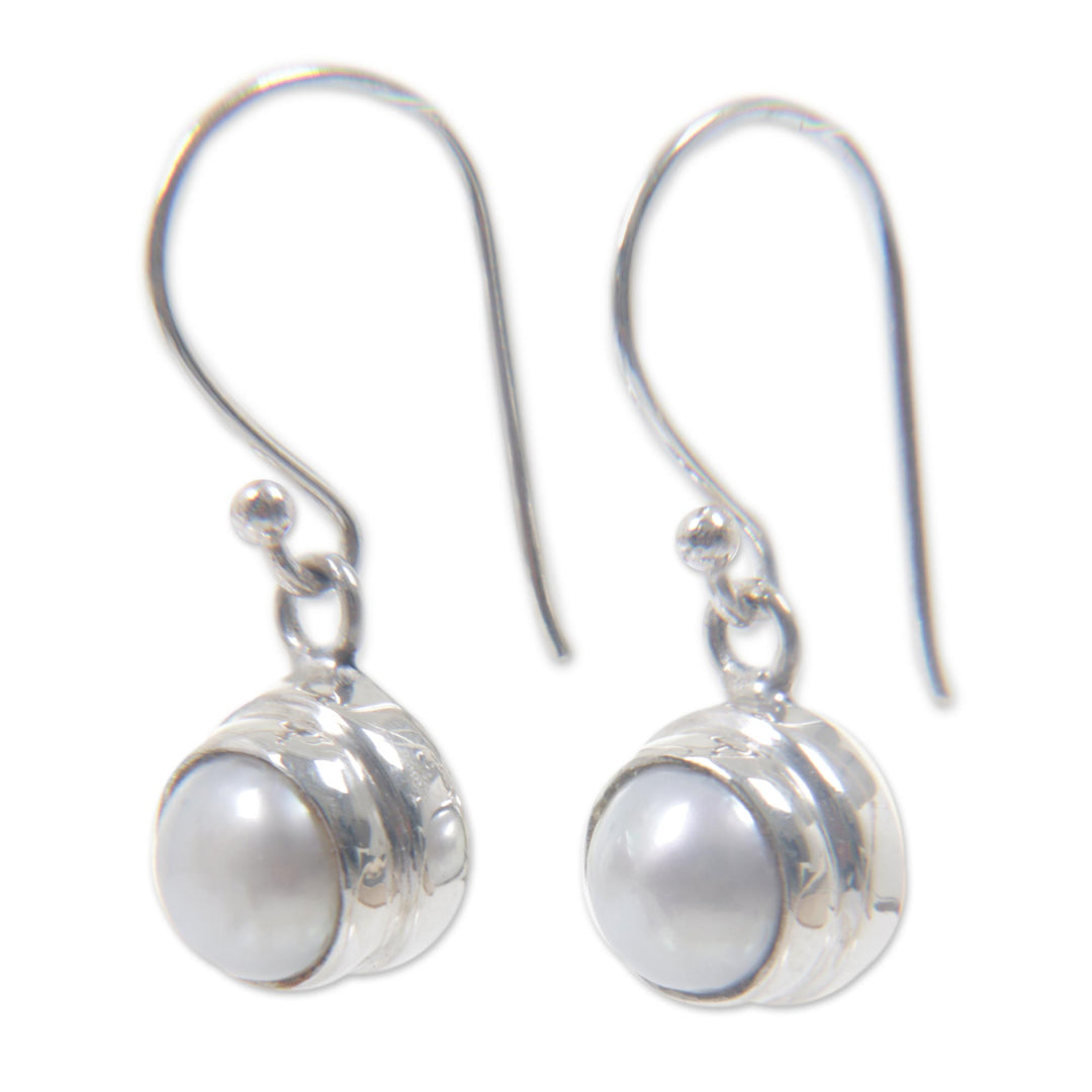 Sterling Silver and Pearl Dangle Earrings - White Full Moon
