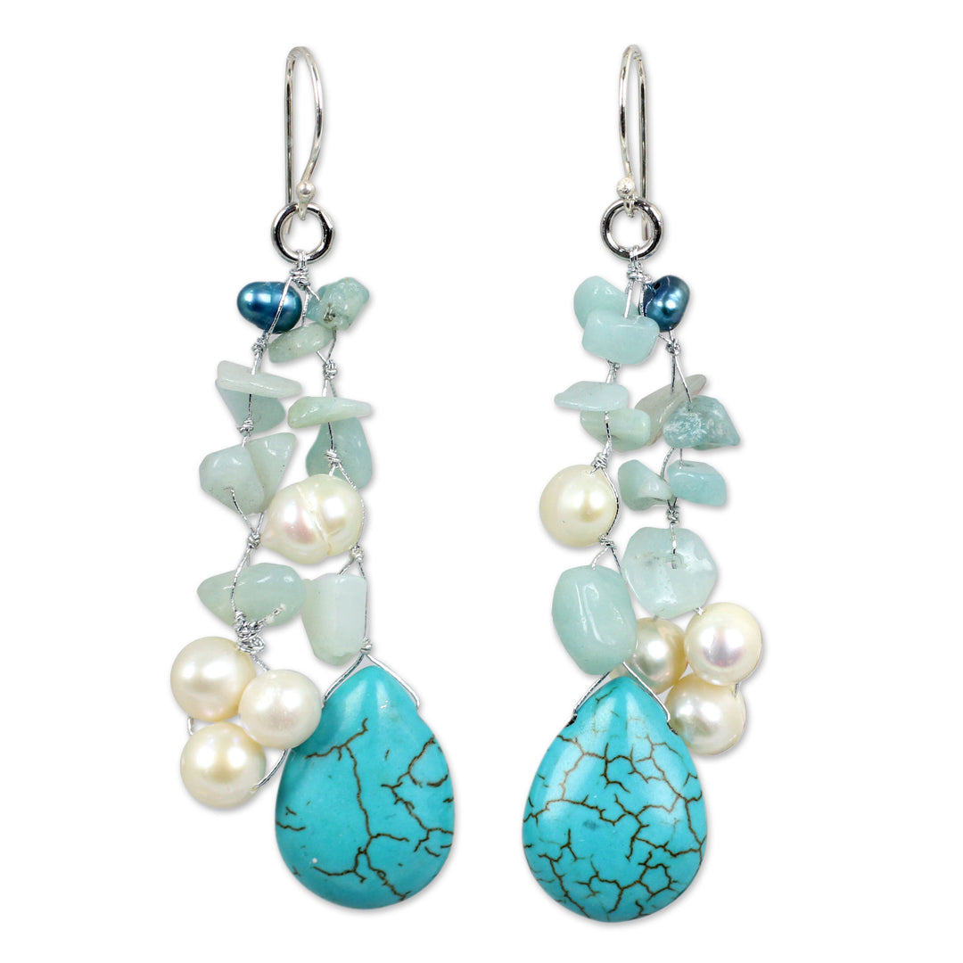 Handcrafted Pearl and Amazonite Waterfall Earrings - Azure Allure