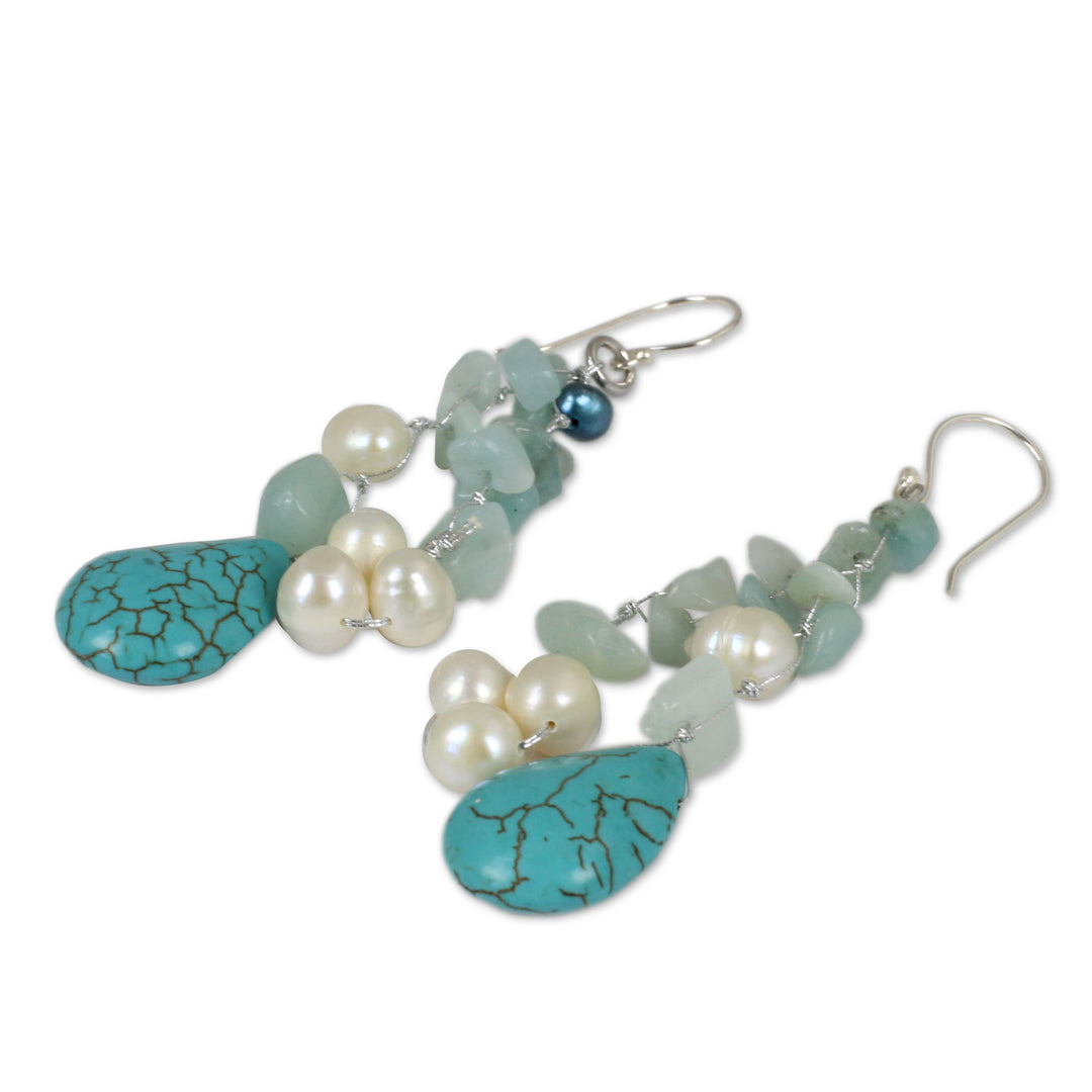 Handcrafted Pearl and Amazonite Waterfall Earrings - Azure Allure