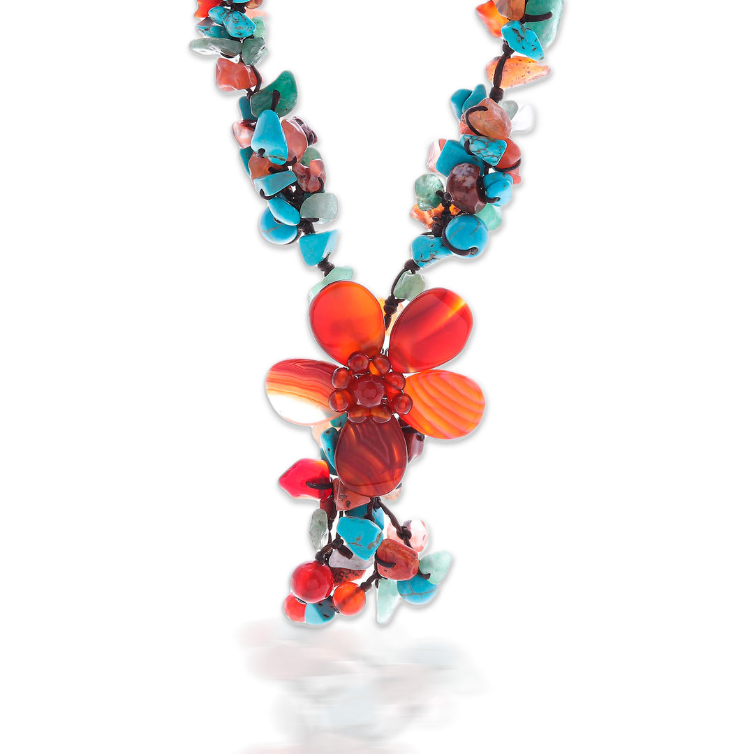 Agate and Carnelian Y Necklace - Summer Flower