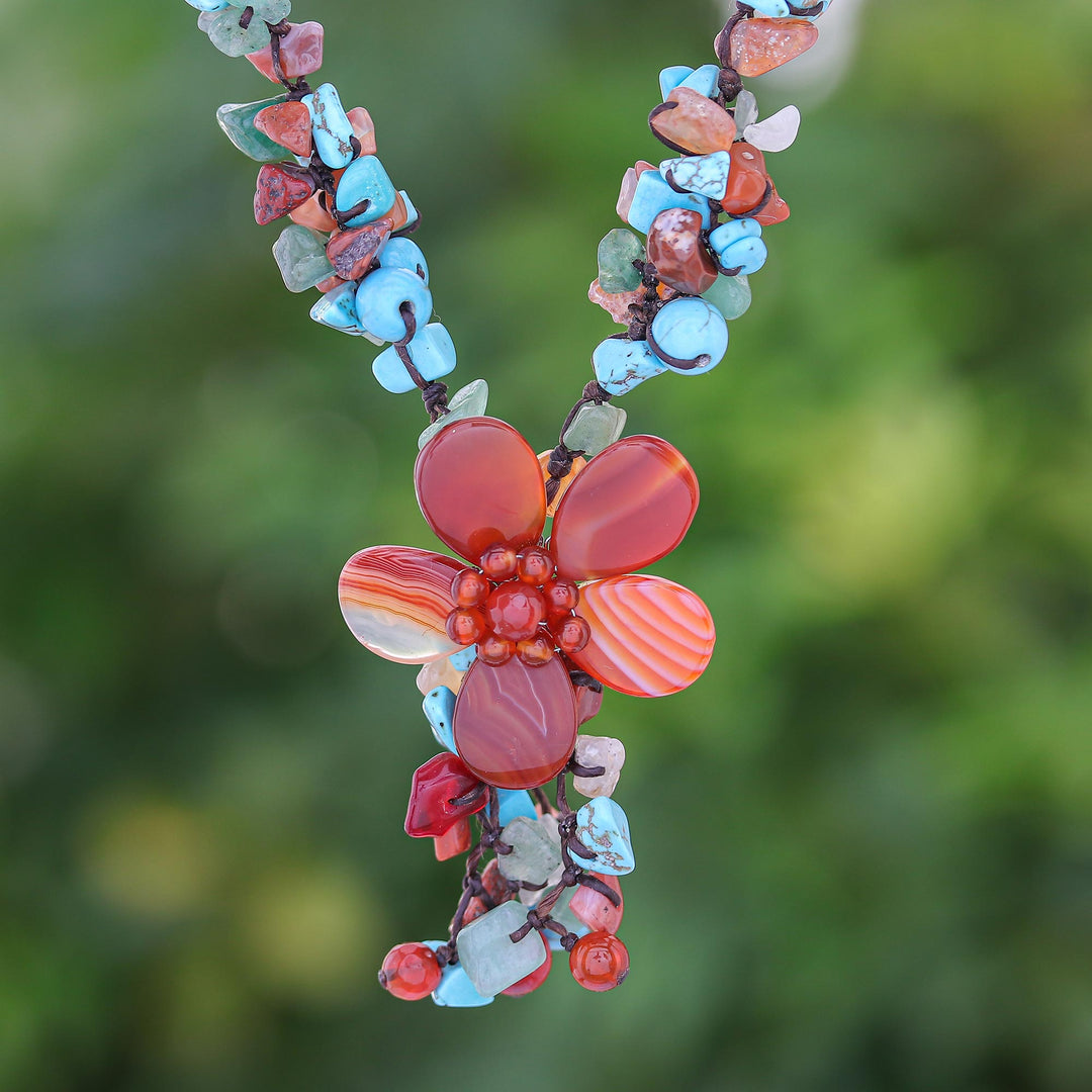 Agate and Carnelian Y Necklace - Summer Flower