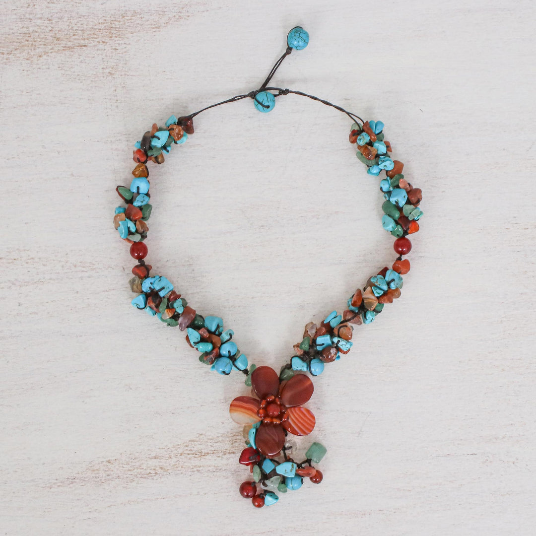 Agate and Carnelian Y Necklace - Summer Flower