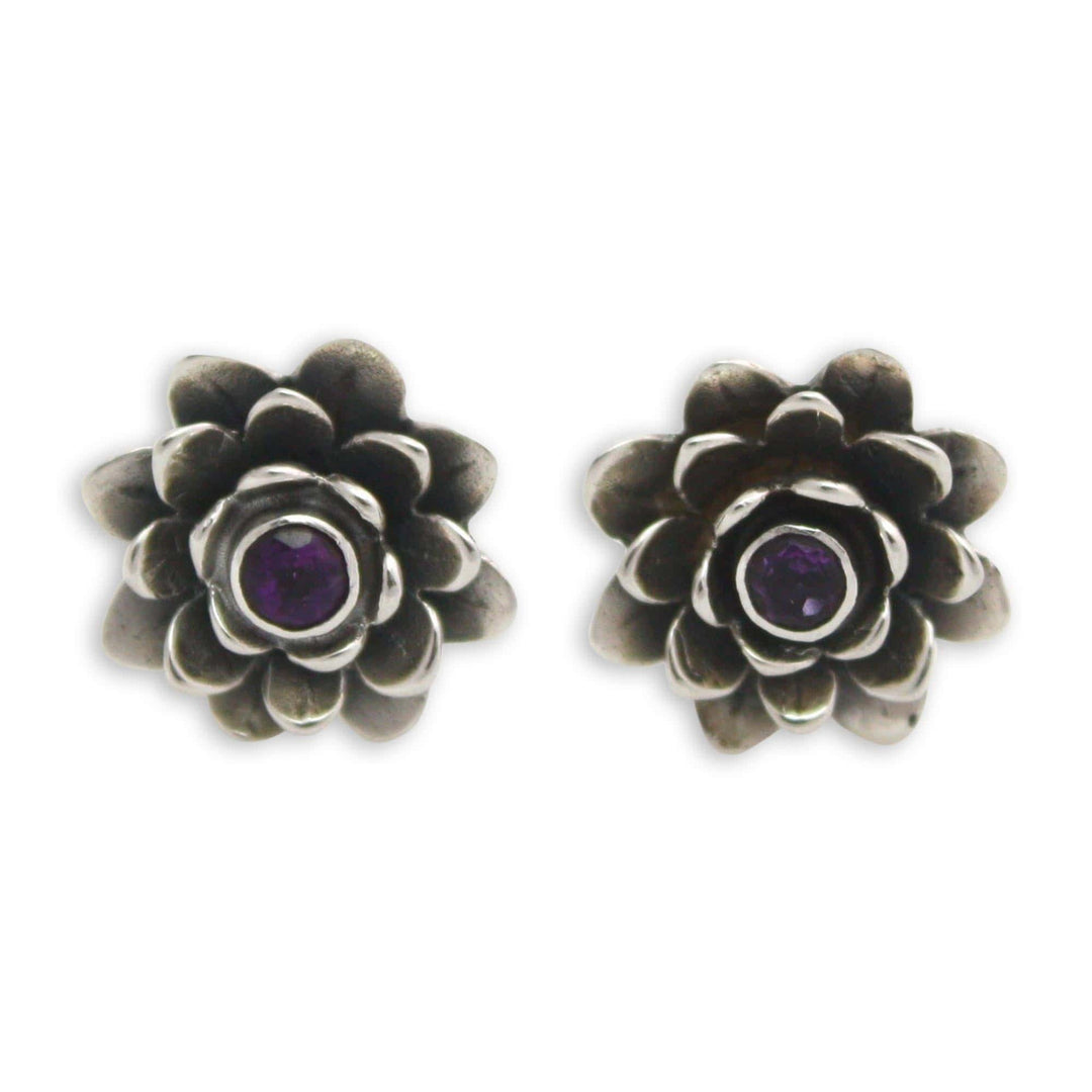 Artisan Crafted Floral Amethyst Button Earrings - Lilac-Eyed Lotus