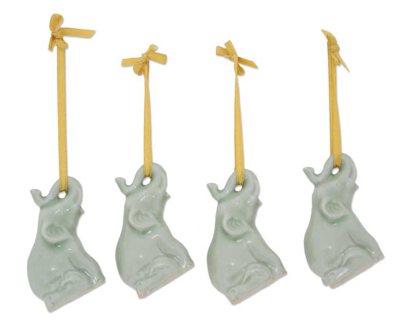 Hand Made Celadon Ceramic Christmas Ornaments (Set of 4) - Green Elephant Heralds