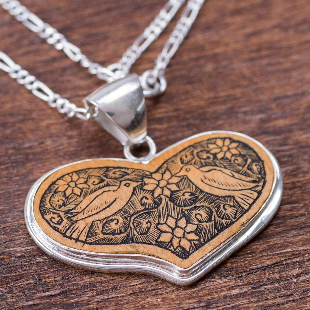 Peruvian Heart Shaped Mate Gourd Pendant Bird Necklace - Lovebird Romance