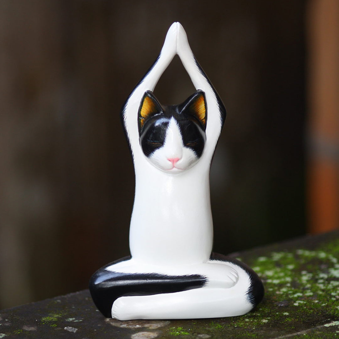 Wood sculpture - Toward the Sky Yoga Tuxedo Cat