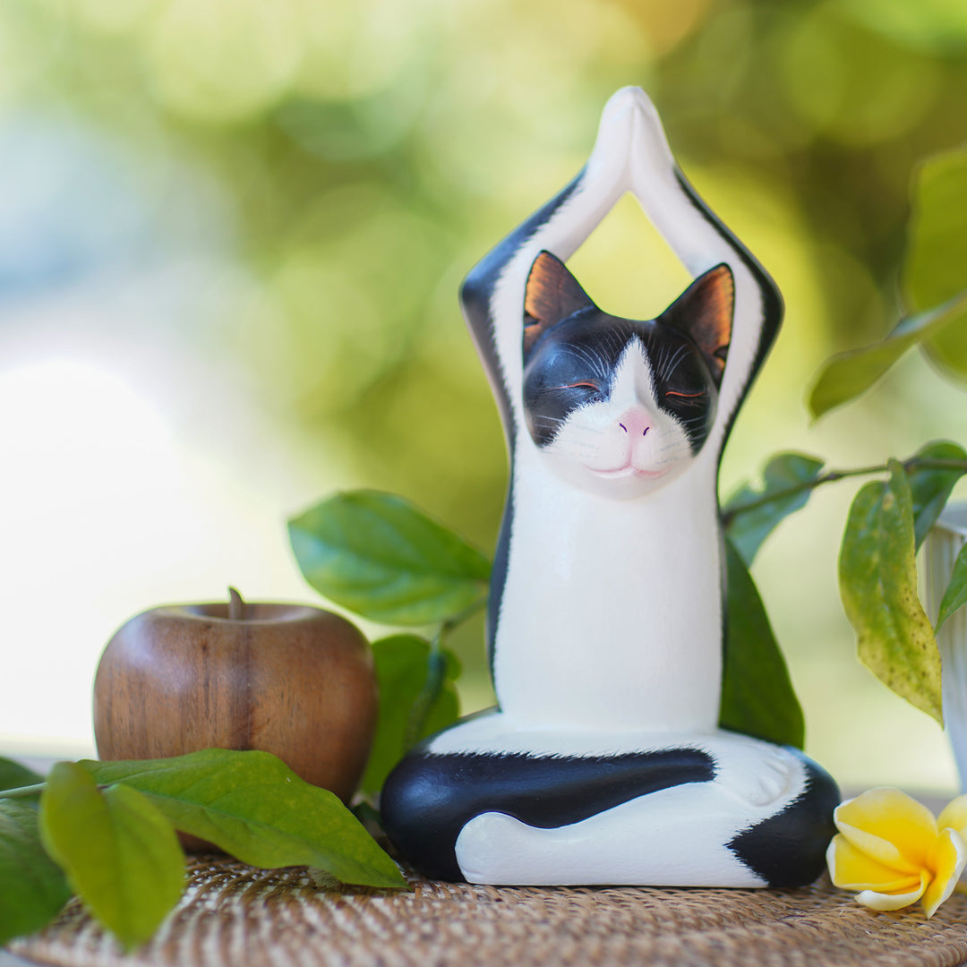 Wood sculpture - Toward the Sky Yoga Tuxedo Cat