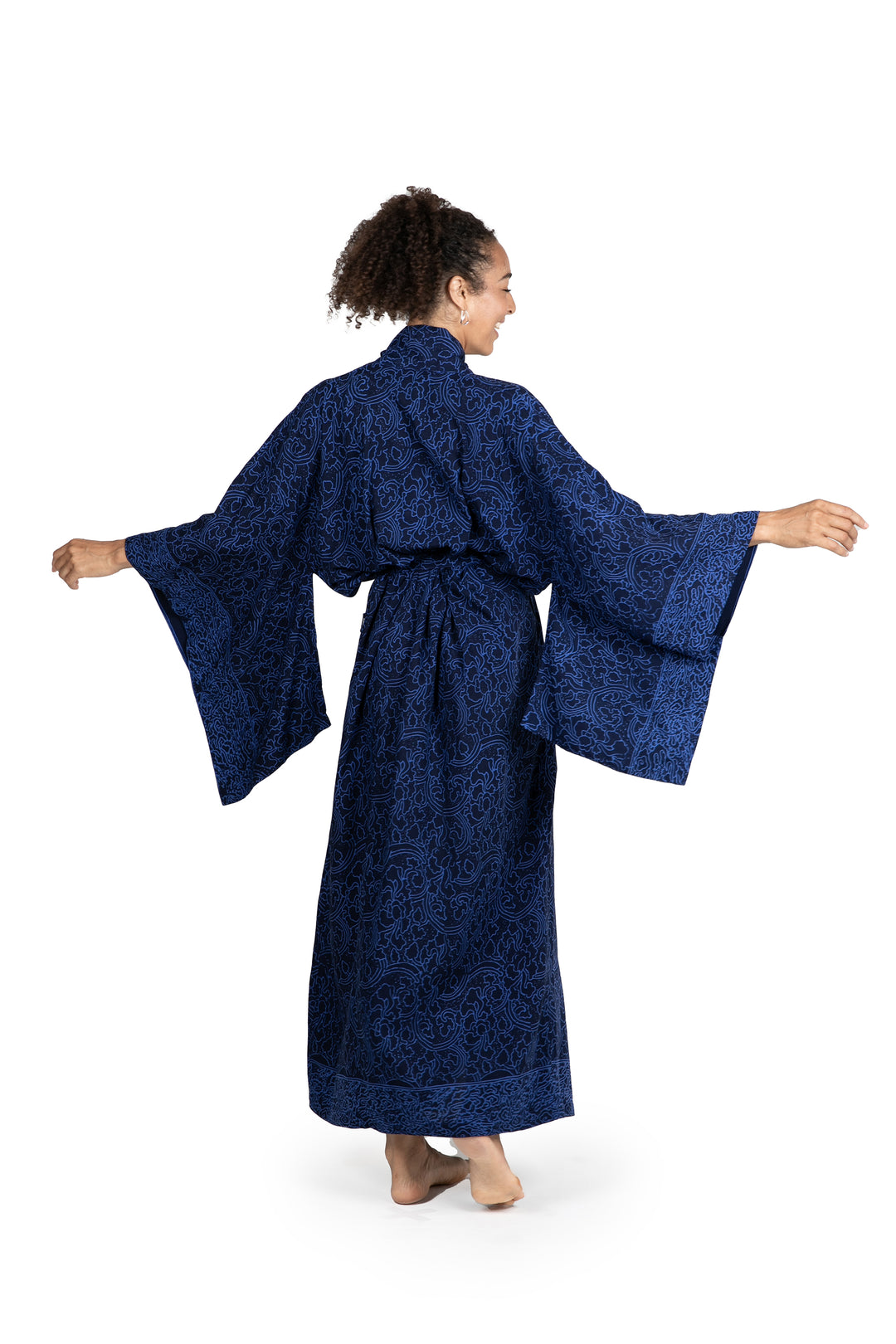 Indigo Women's Batik Robe from Indonesia - Indigo Orchids