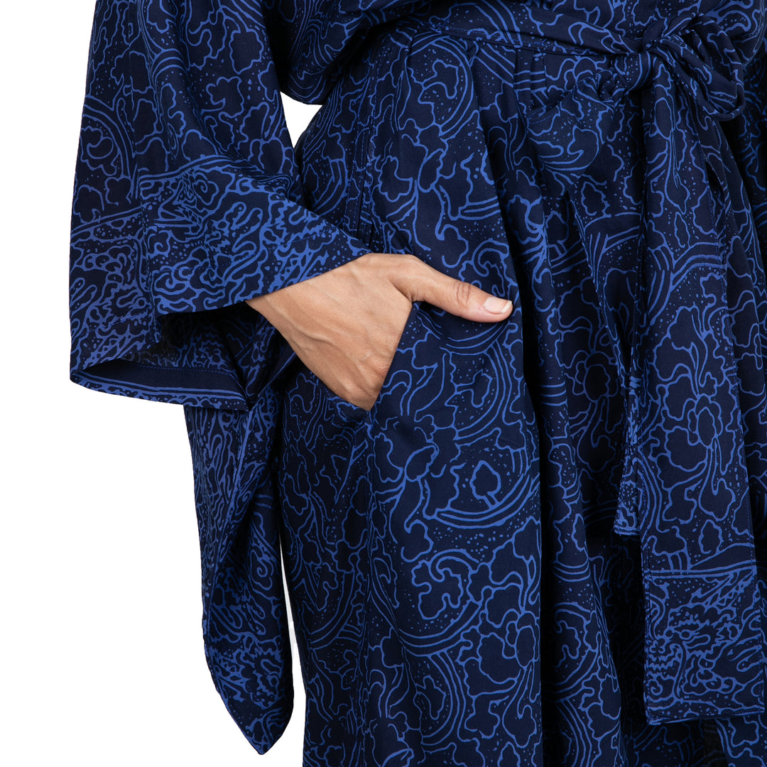 Indigo Women's Batik Robe from Indonesia - Indigo Orchids