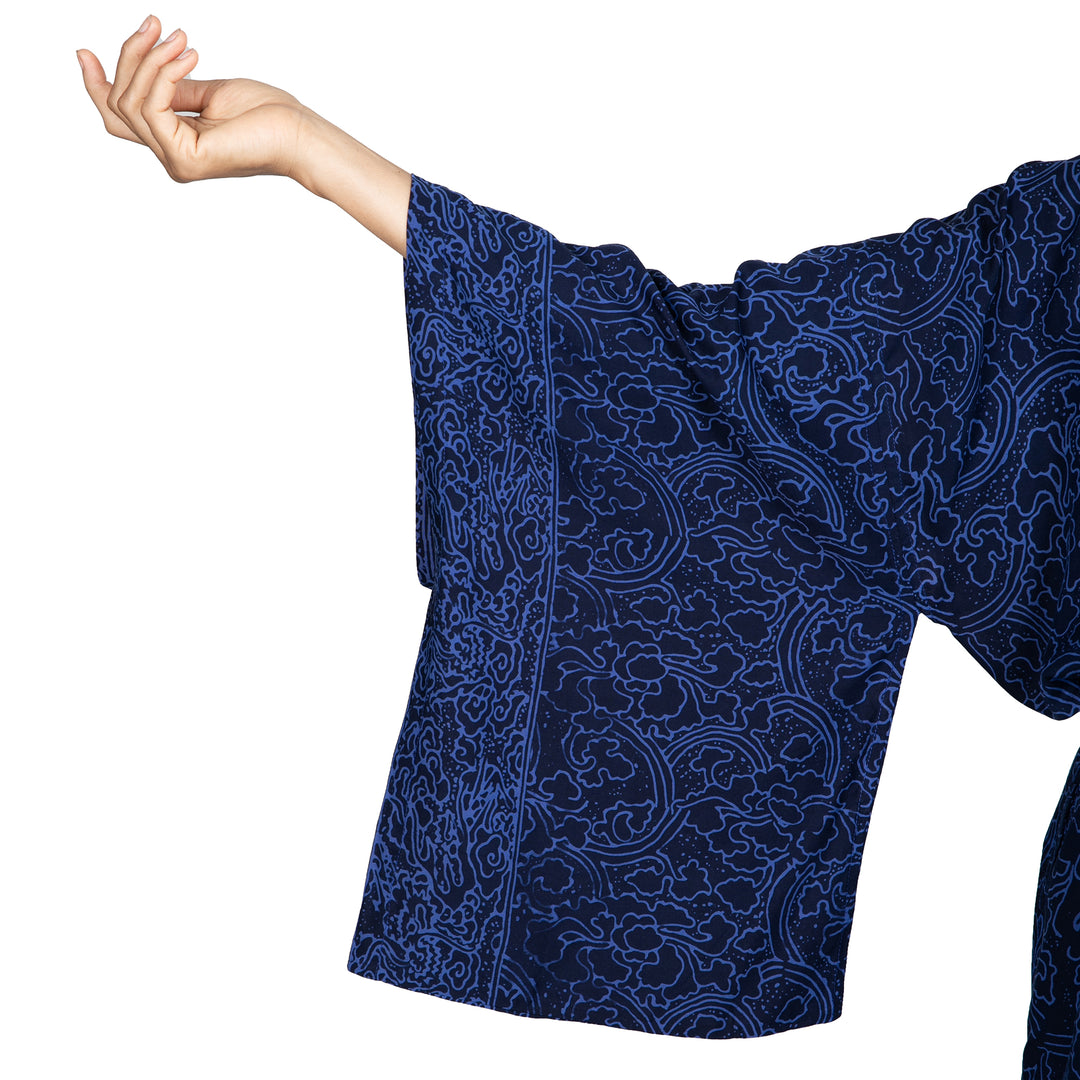 Indigo Women's Batik Robe from Indonesia - Indigo Orchids