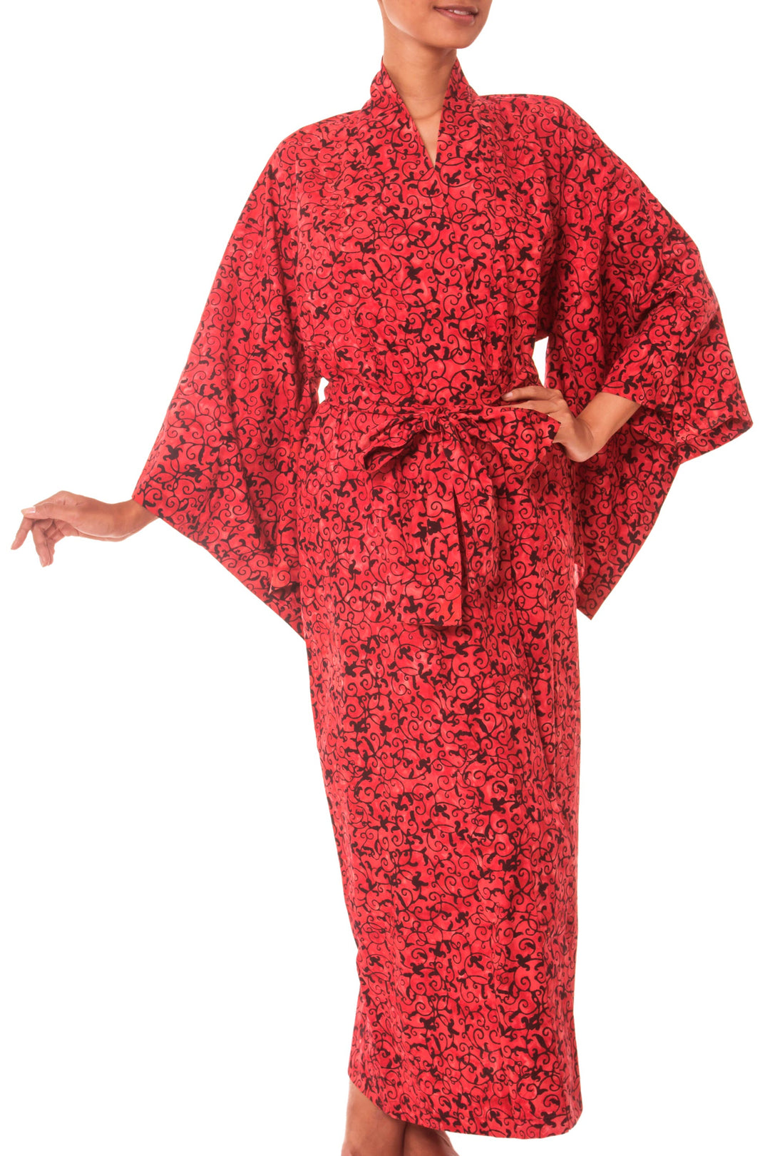 Women's Long Red Cotton Batik Wrap and Tie Robe - Red Floral Kimono