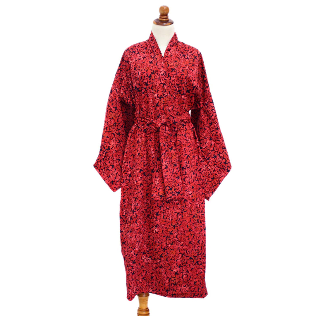 Women's Long Red Cotton Batik Wrap and Tie Robe - Red Floral Kimono