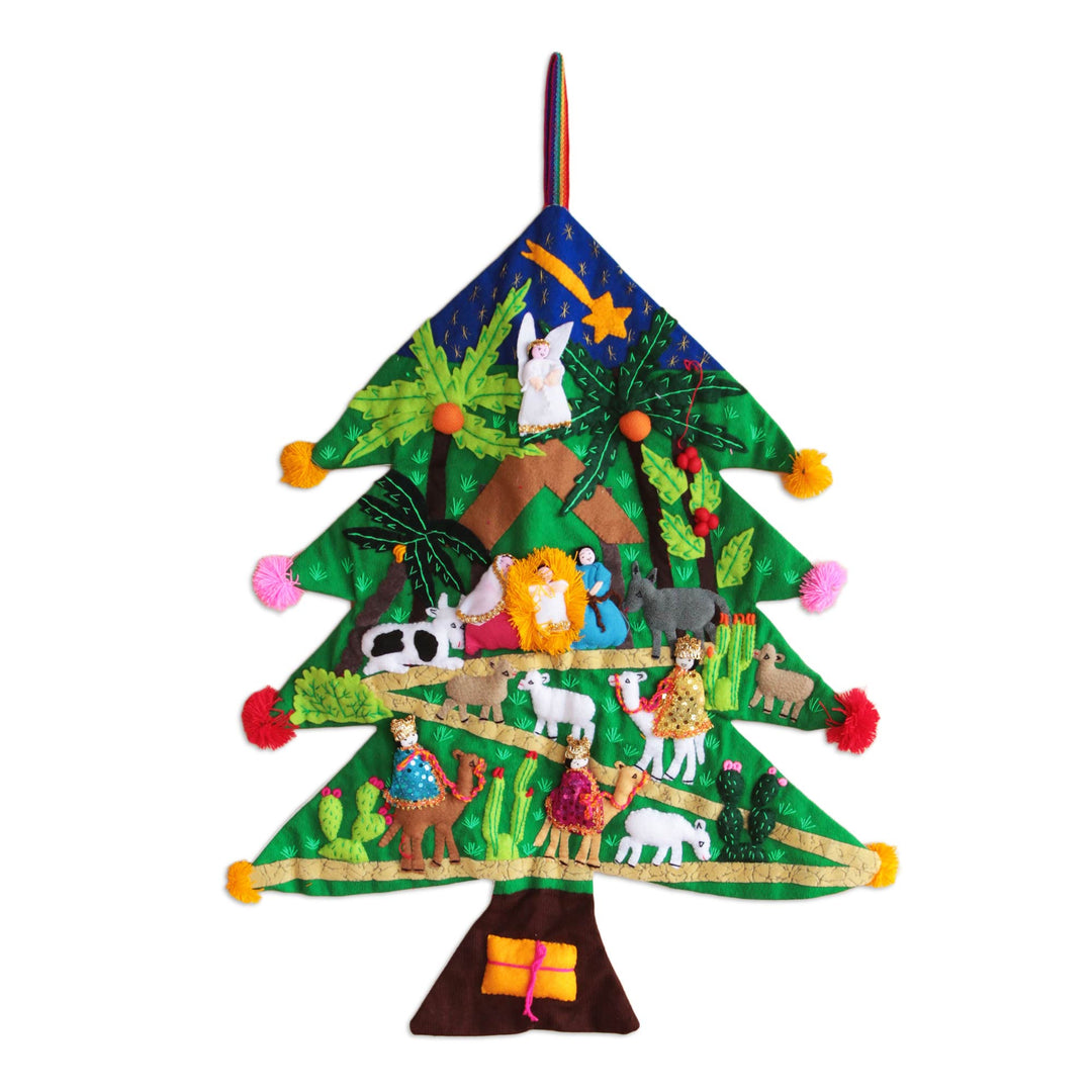 Peruvian Christmas Tree Applique Wall Hanging - Happy Nativity Scene