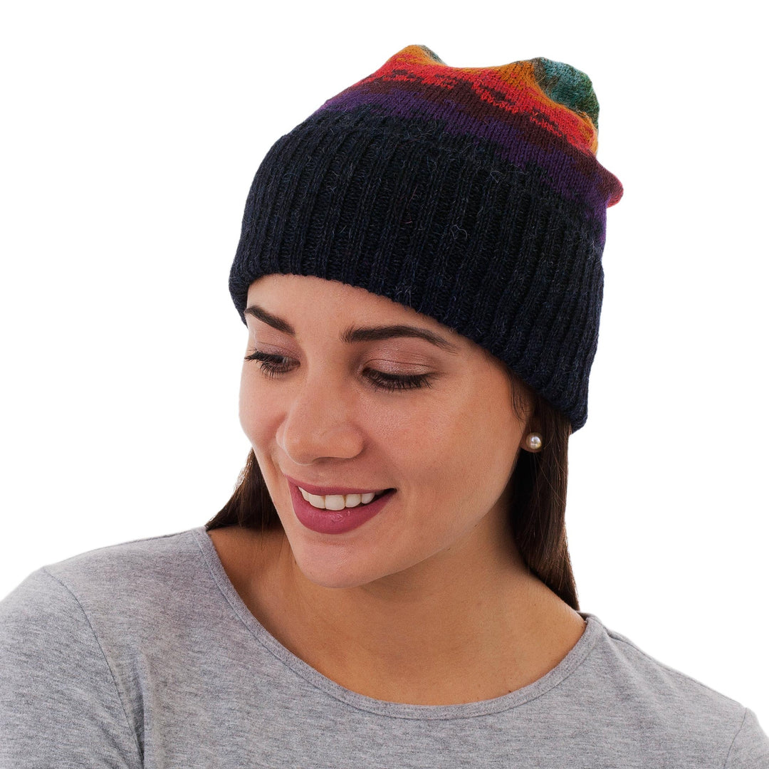 Handmade Alpaca Wool Striped Hat from Peru - Andean Twilight