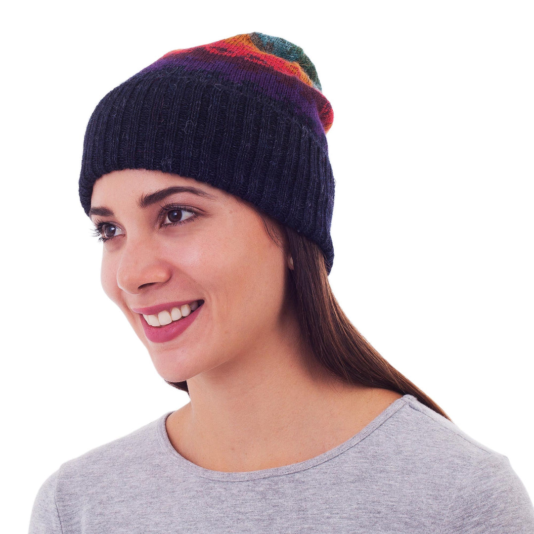 Handmade Alpaca Wool Striped Hat from Peru - Andean Twilight