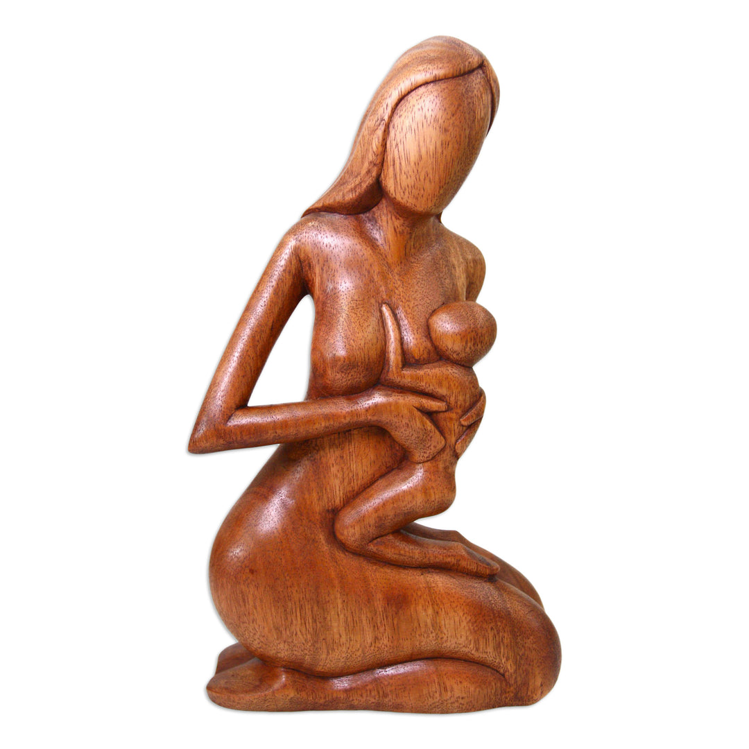 Hand Carved Suar Wood Sculpture - Mother and Her Child