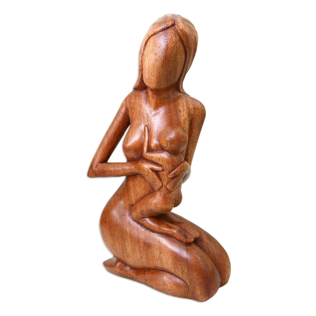 Hand Carved Suar Wood Sculpture - Mother and Her Child