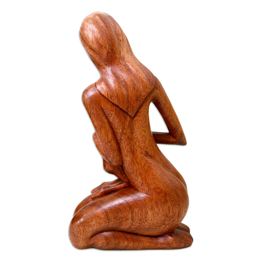 Hand Carved Suar Wood Sculpture - Mother and Her Child