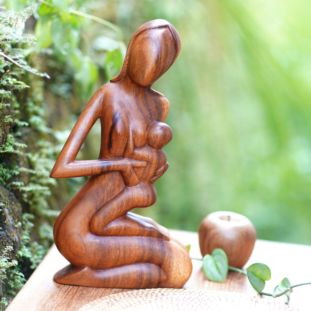 Hand Carved Suar Wood Sculpture - Mother and Her Child