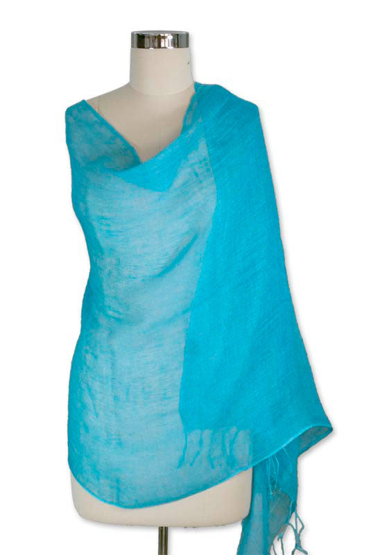 Women's Linen Solid Shawl from India - Sheer Turquoise