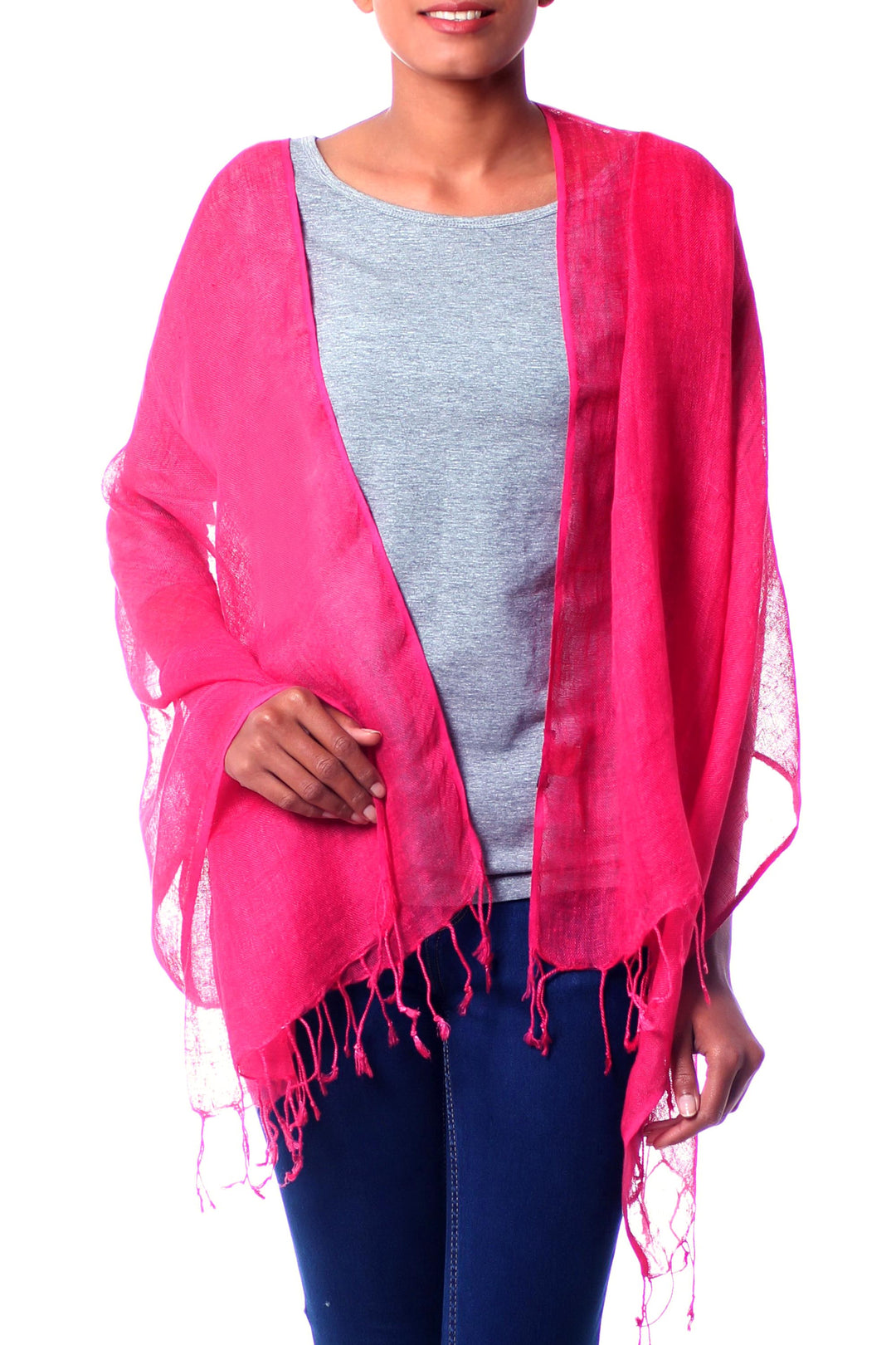 Handcrafted Linen Shawl Wrap from India - Sheer Hot Pink