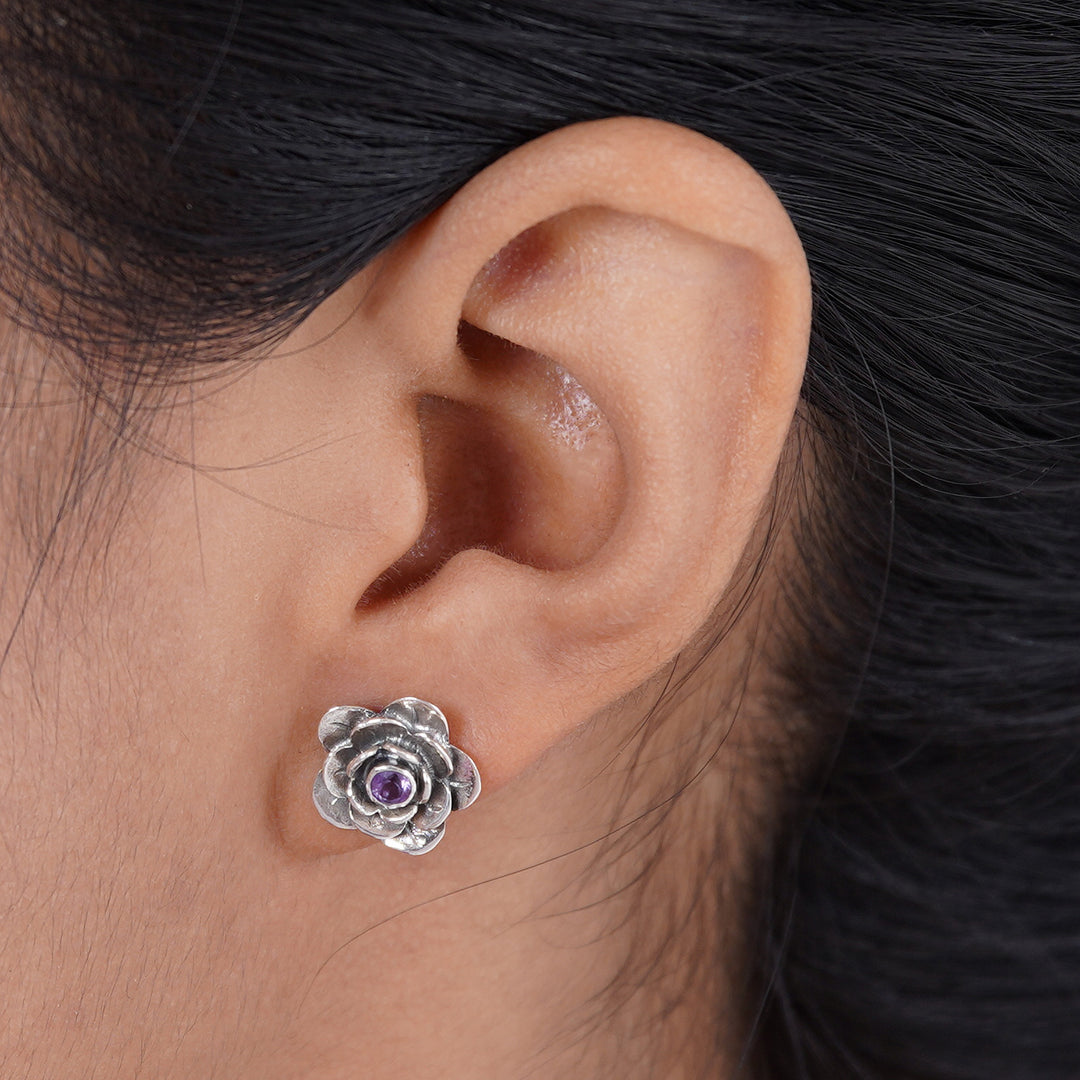 Handmade Floral Sterling Silver and Amethyst Button Earrings - Camellia