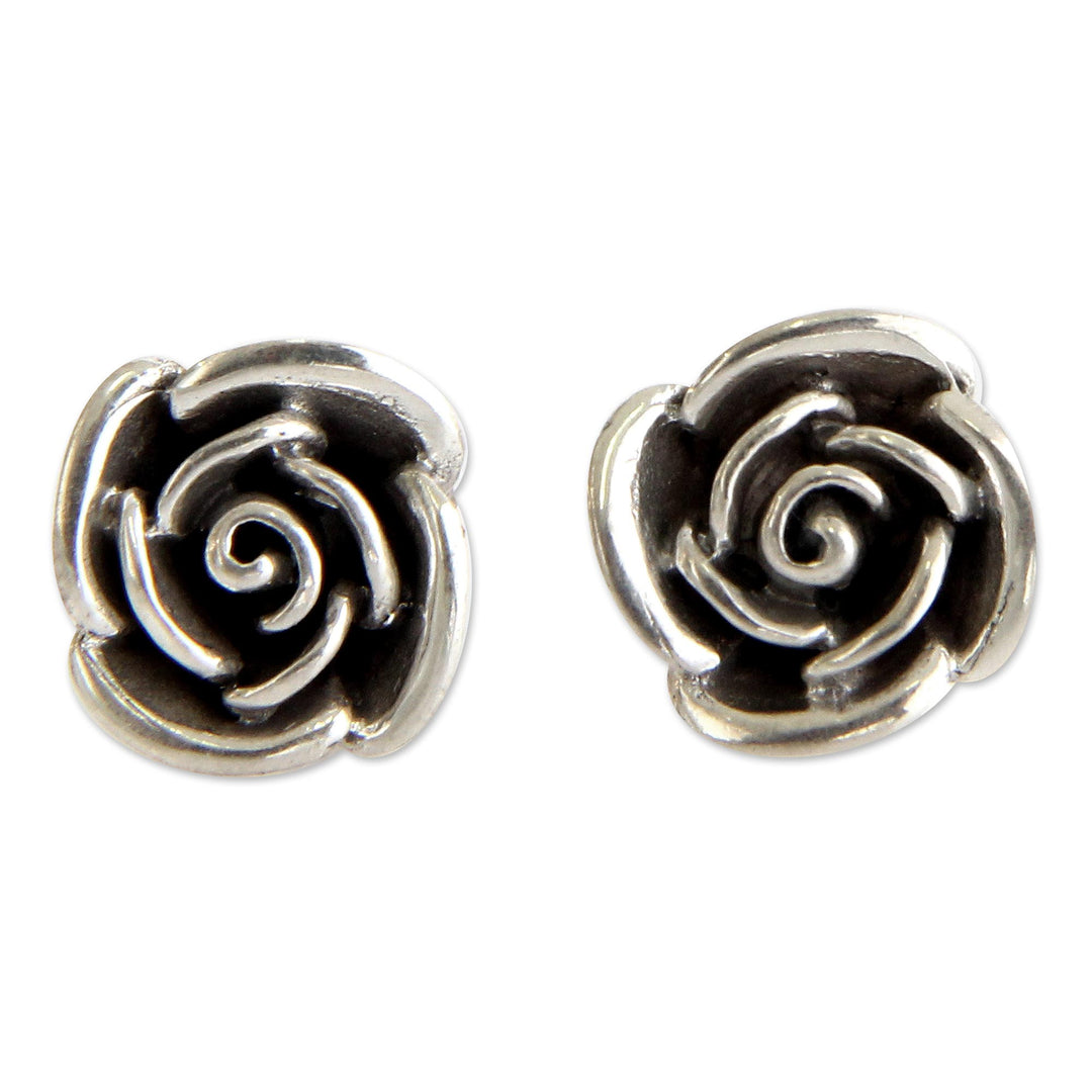 Fair Trade Sterling Silver Button Earrings - Sweetheart Rose