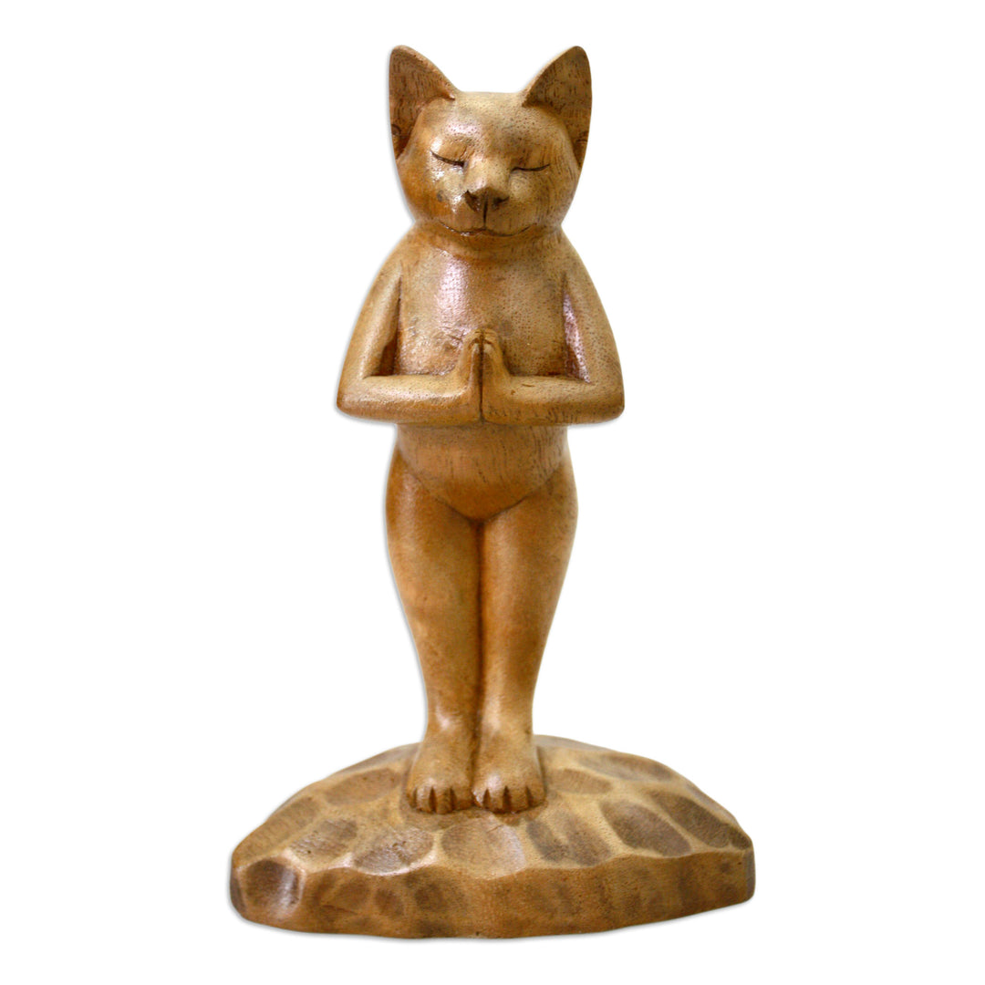 Hand Crafted Wood Sculpture - Cat Gives Thanks