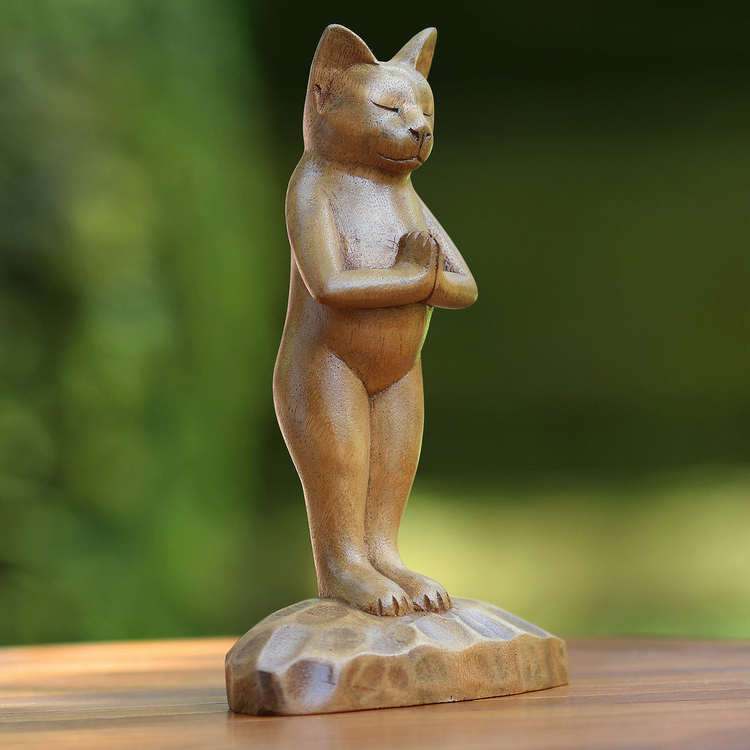 Hand Crafted Wood Sculpture - Cat Gives Thanks