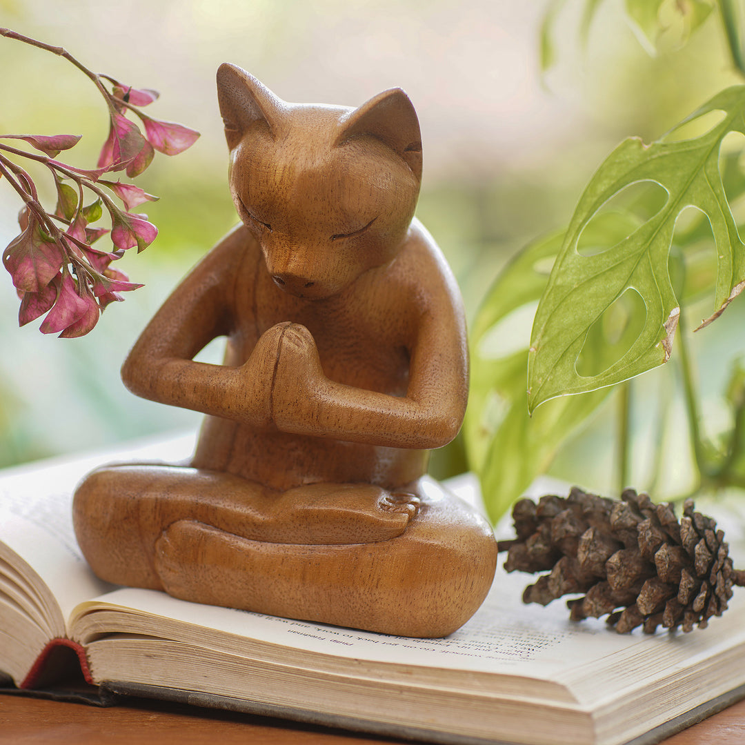 Carved Suar Wood Sculpture - Mindful Cat