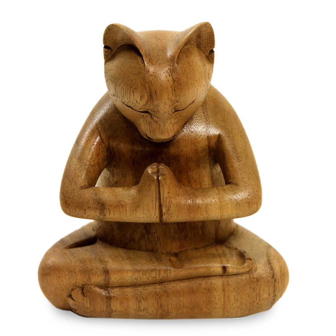 Carved Suar Wood Sculpture - Mindful Cat