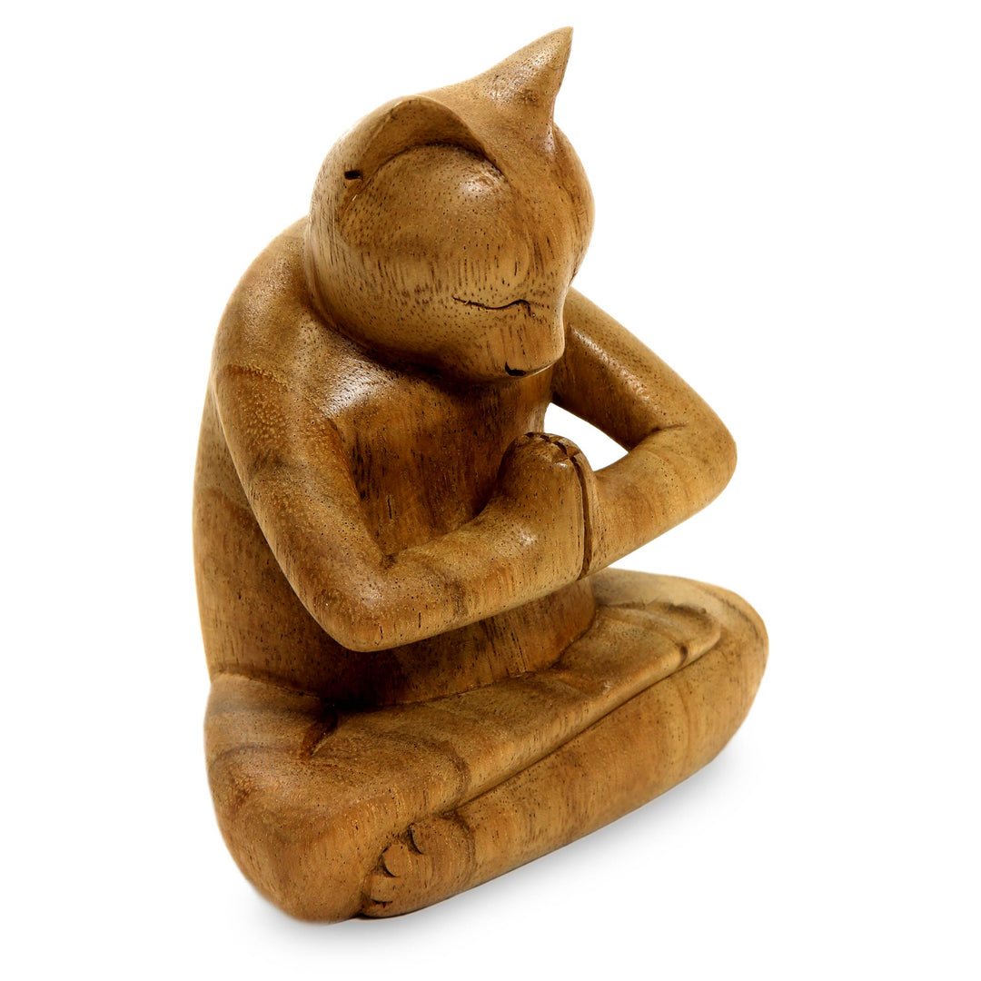 Carved Suar Wood Sculpture - Mindful Cat