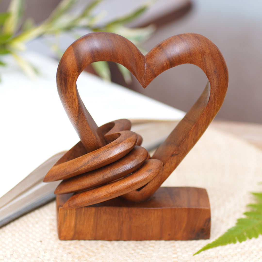 Hand Carved Suar Wood Romantic Sculpture - Heart Power