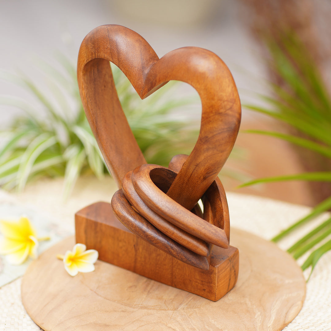 Hand Carved Suar Wood Romantic Sculpture - Heart Power