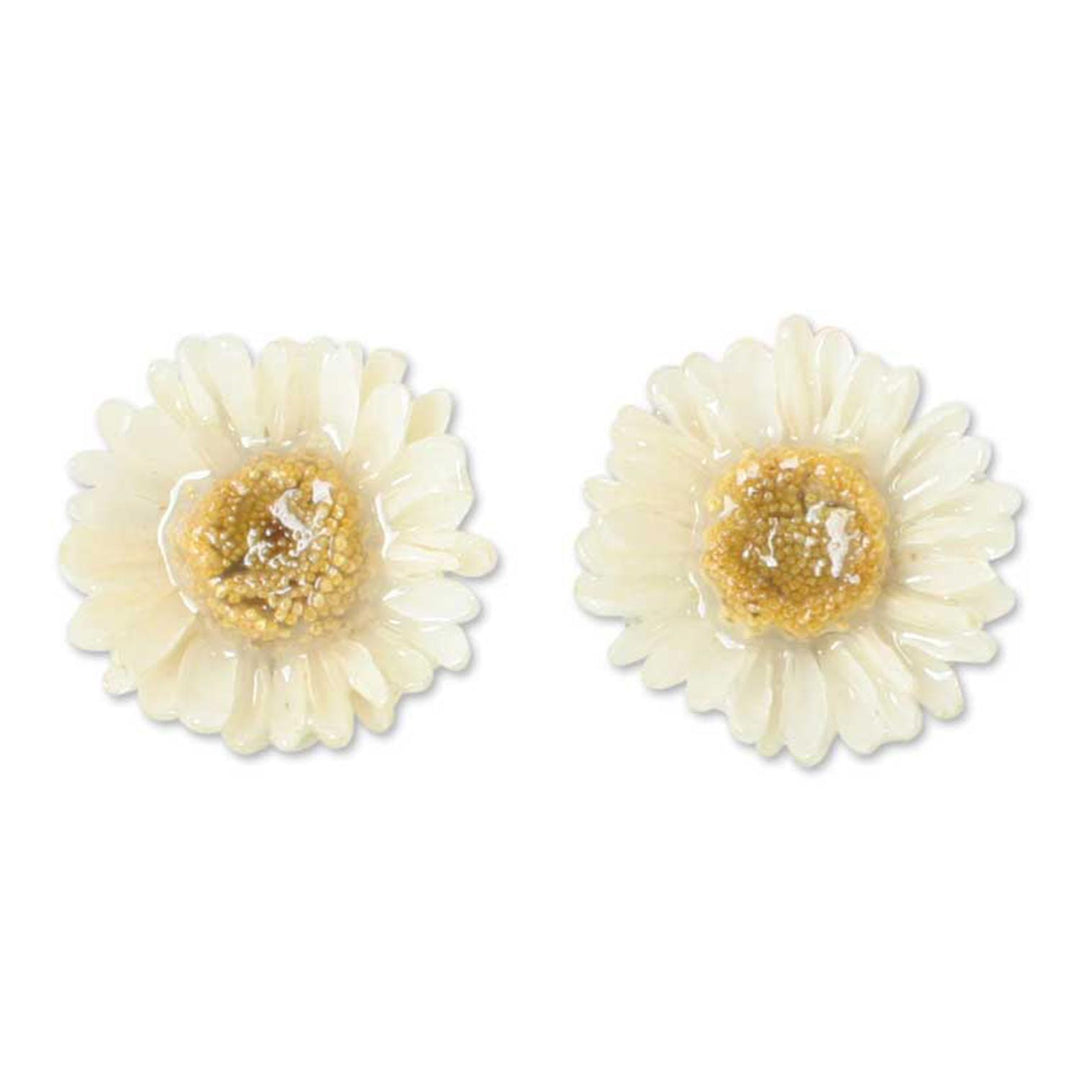 Natural Flower Button Earrings - White Aster