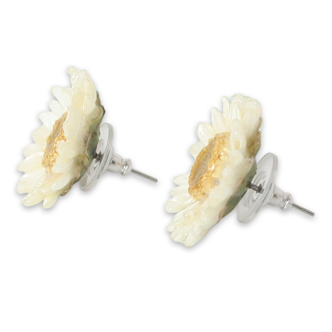 Natural Flower Button Earrings - White Aster