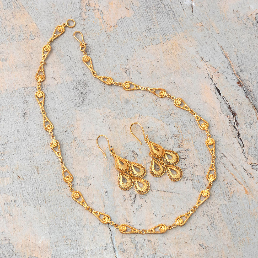 Handmade 21K Gold Plated Link Chain Necklace - Spiral Teardrops