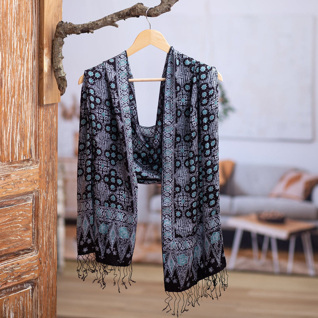 Batik Silk Shawl with Kawung Motifs from Bali - Java Sea