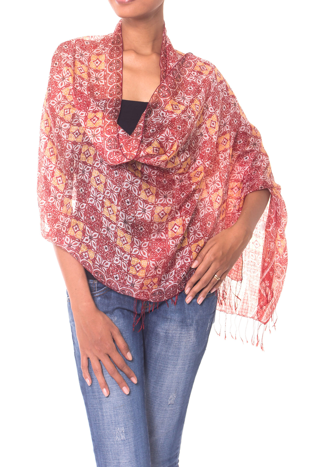 Hand Crafted Batik Silk Shawl - Red Lotus Floral
