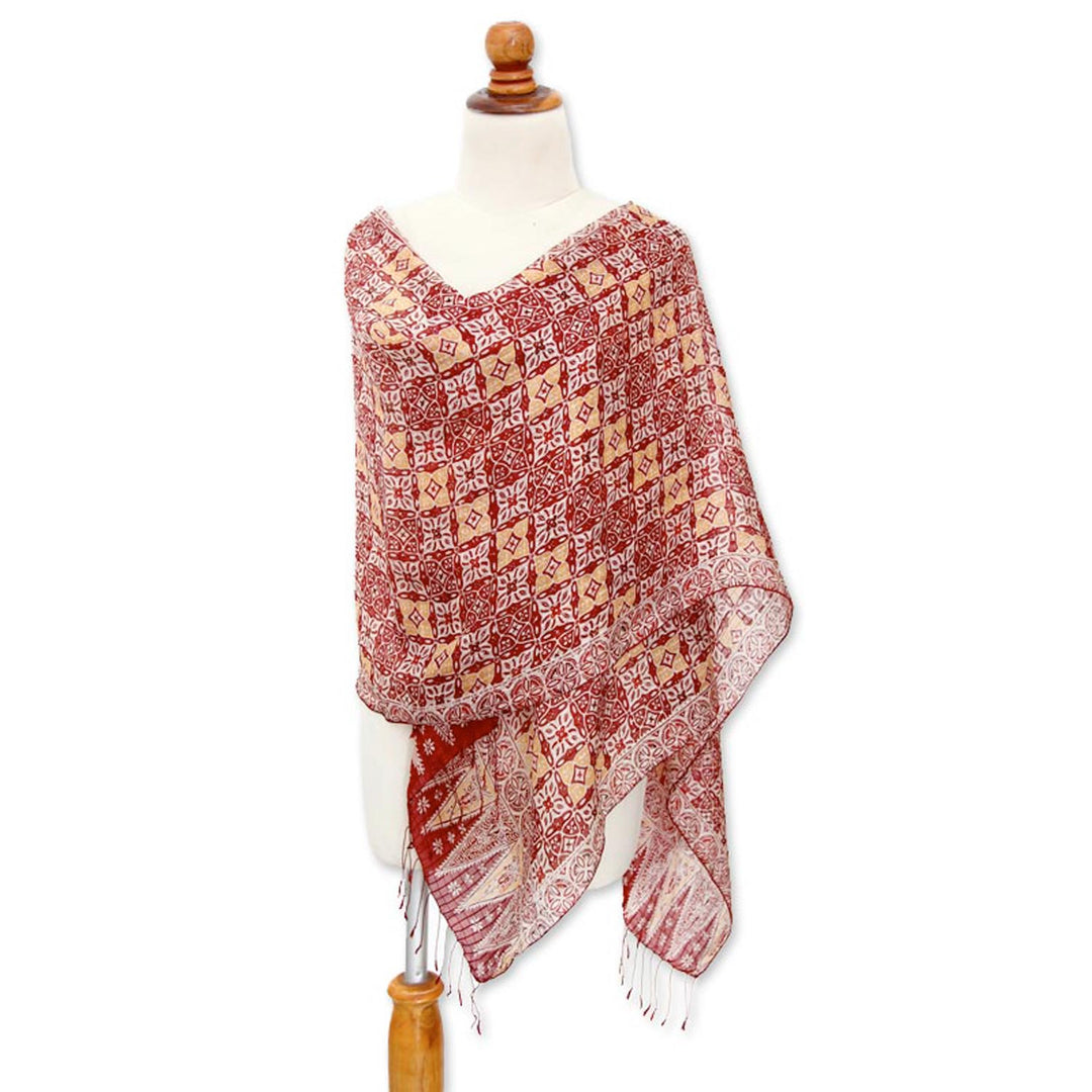 Hand Crafted Batik Silk Shawl - Red Lotus Floral