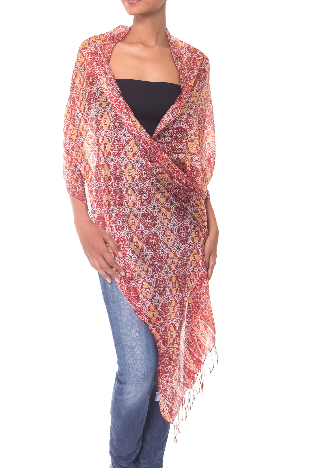 Hand Crafted Batik Silk Shawl - Red Lotus Floral
