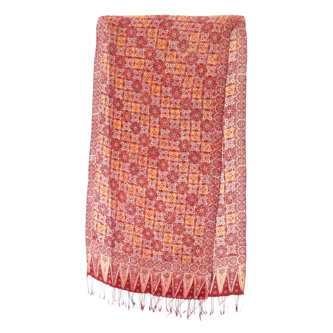 Hand Crafted Batik Silk Shawl - Red Lotus Floral
