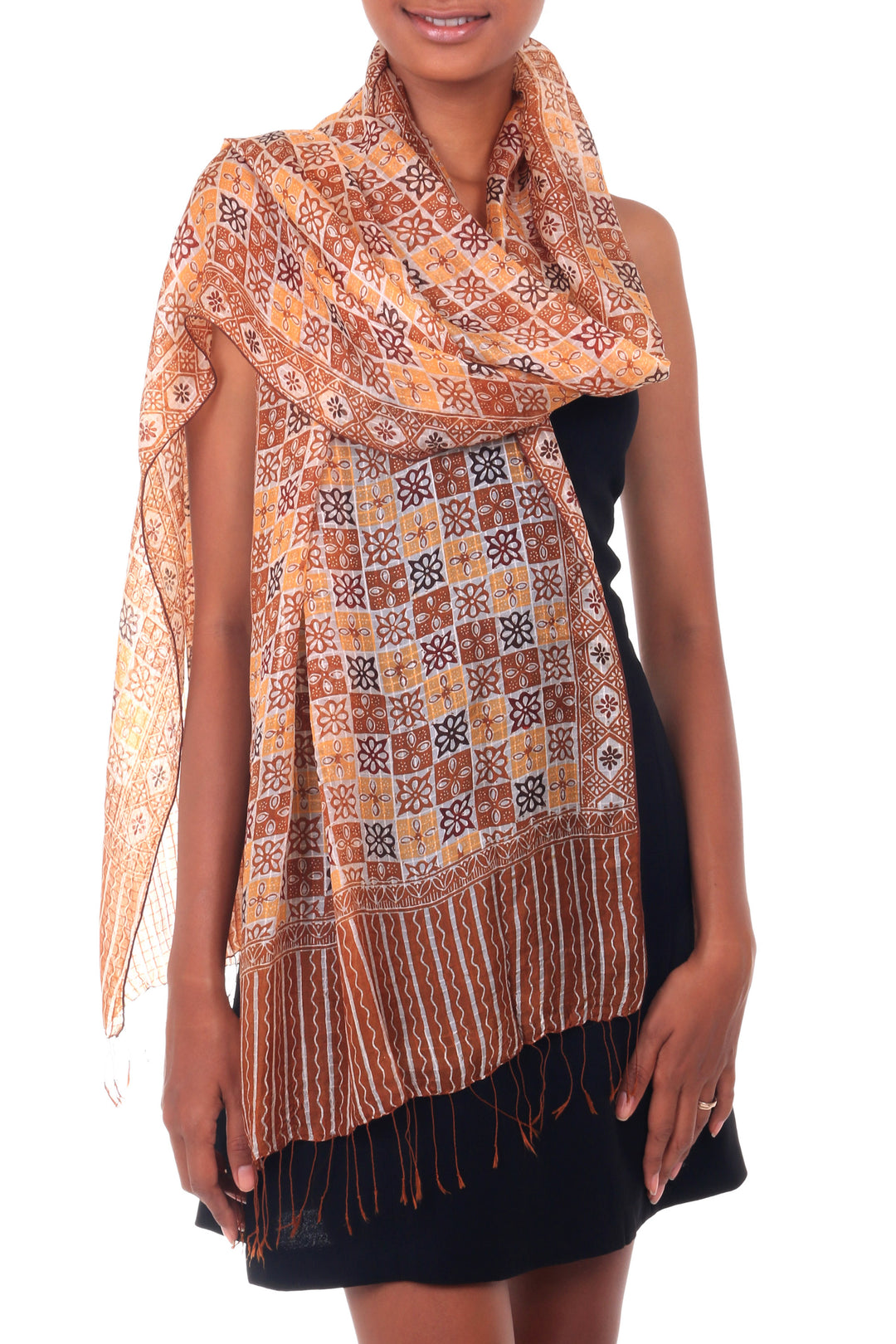 Silk batik shawl - Golden Lotus Floral